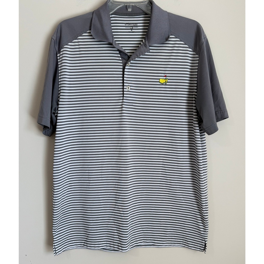 Masters Tech Polo Shirt Mens Medium Grey White Striped Golf Performance Augusta